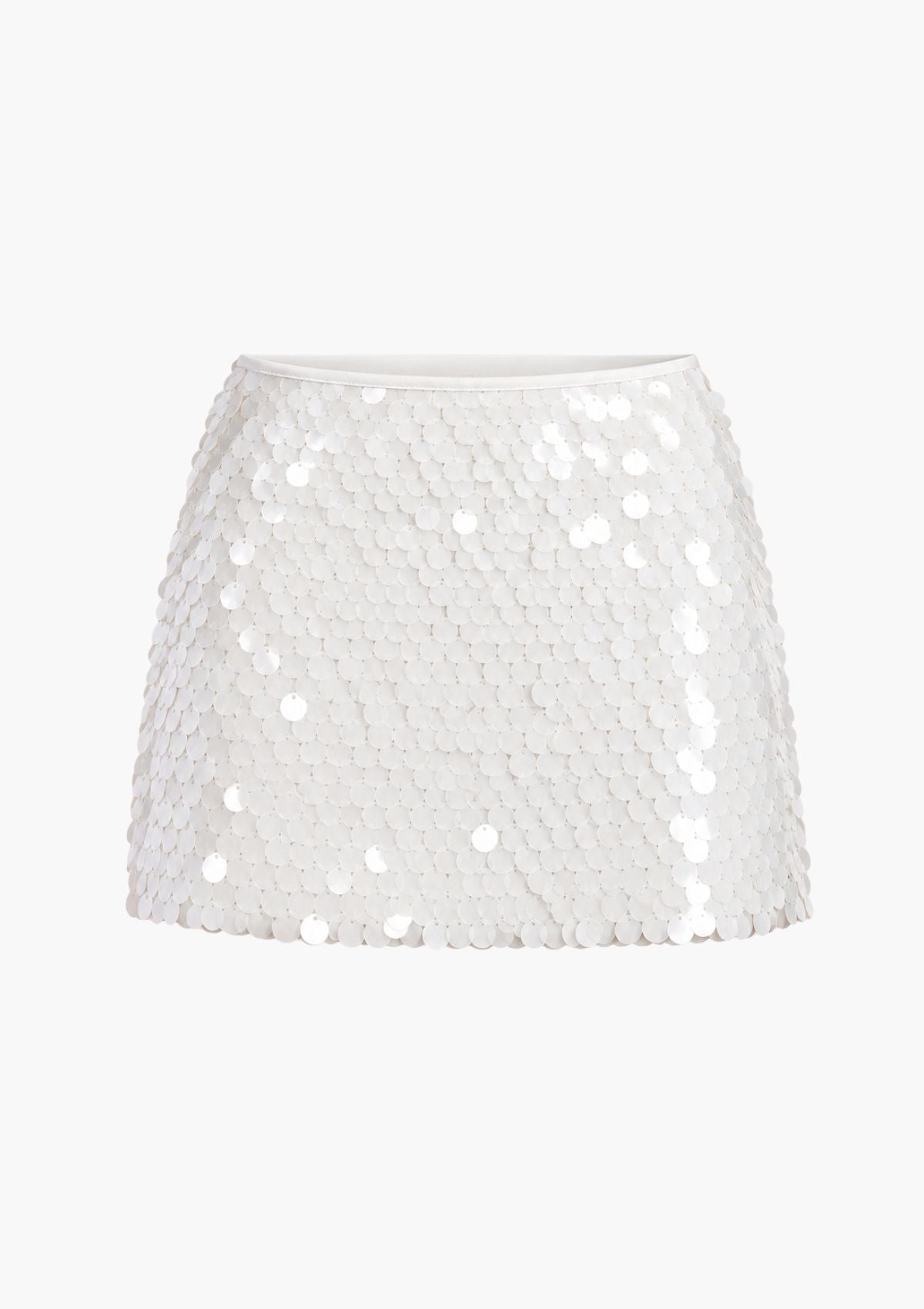 A white sequin mini skirt with a high waist, displayed against a solid white background.