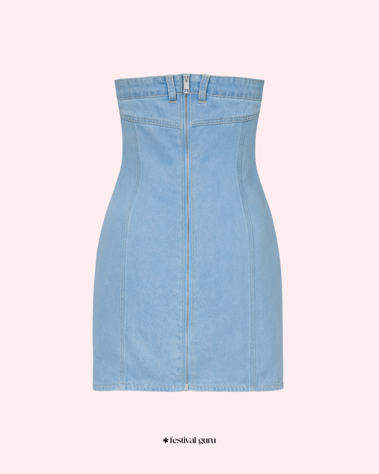 Light blue denim dress on a white background
