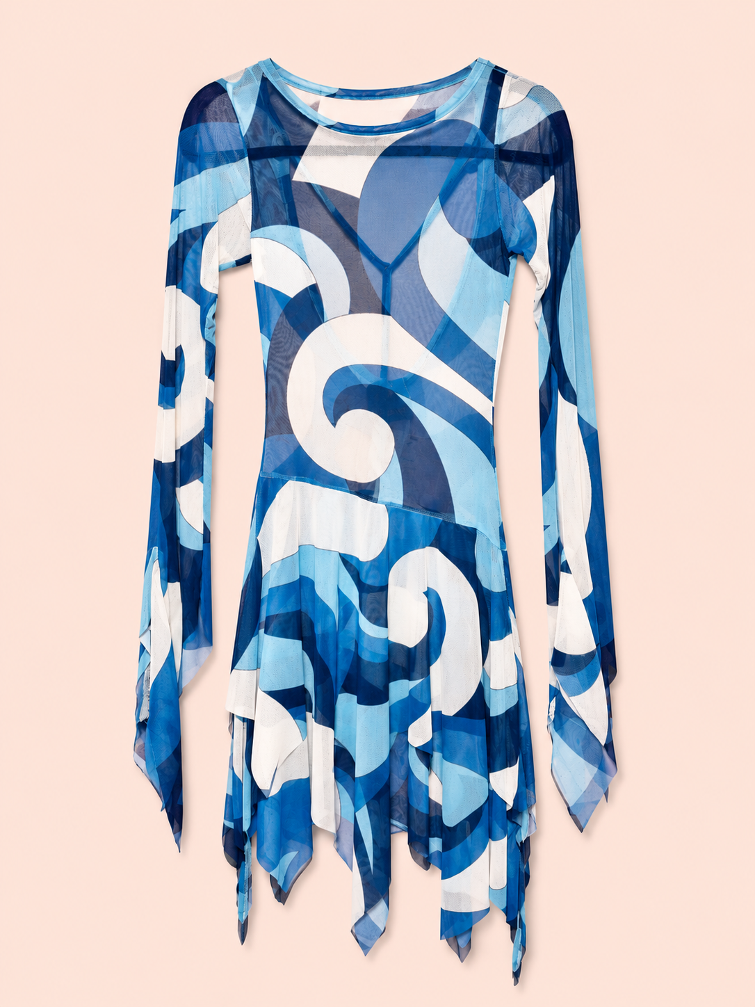 A long-sleeve sheer mesh tunic dress featuring an abstract blue, white, and navy geometric swirl pattern, displayed against a solid pale peach background.