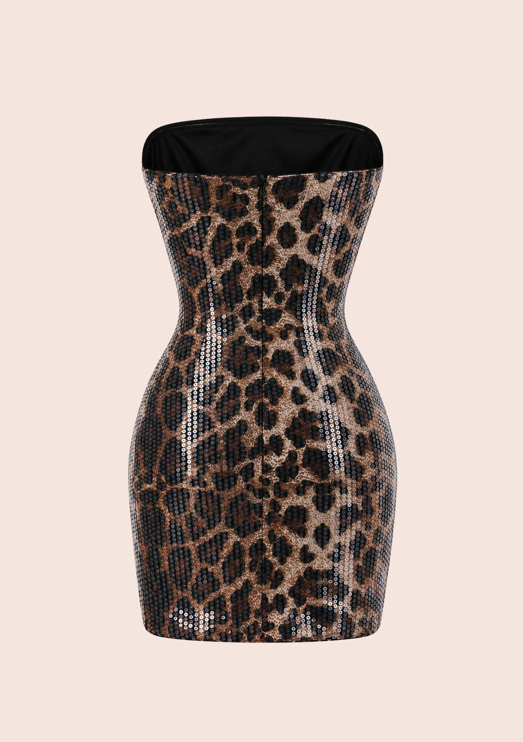 A strapless bodycon mini dress covered in sequins with a leopard print pattern, featuring a black collar, shown against a solid pale pink background.