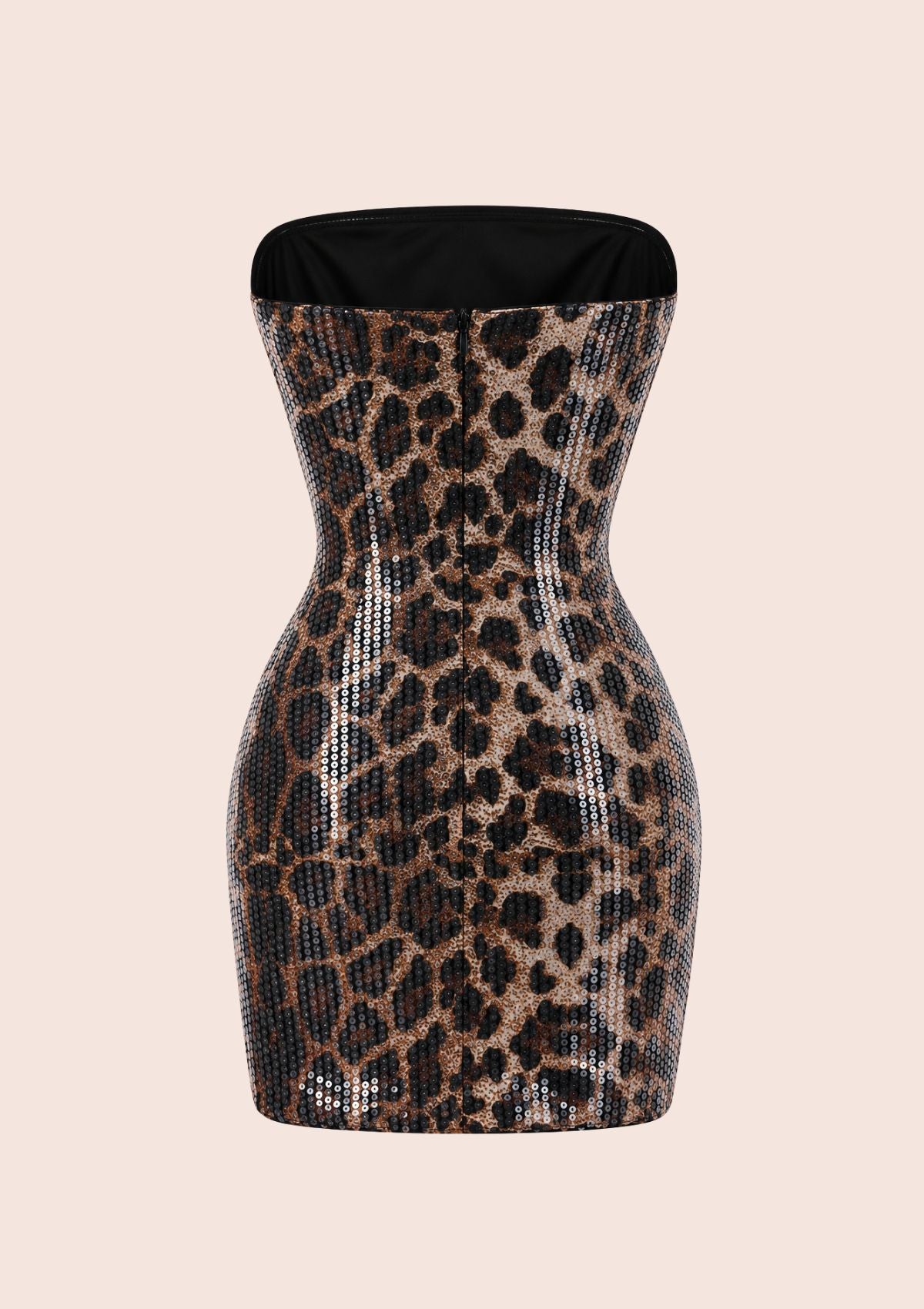 A strapless bodycon mini dress covered in sequins with a leopard print pattern, featuring a black collar, shown against a solid pale pink background.