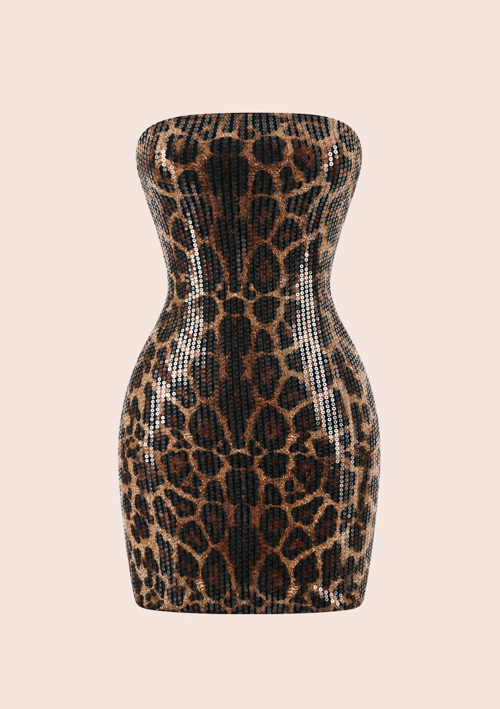 A strapless bodycon mini dress covered in leopard-print sequins, shown against a solid pale pink background.