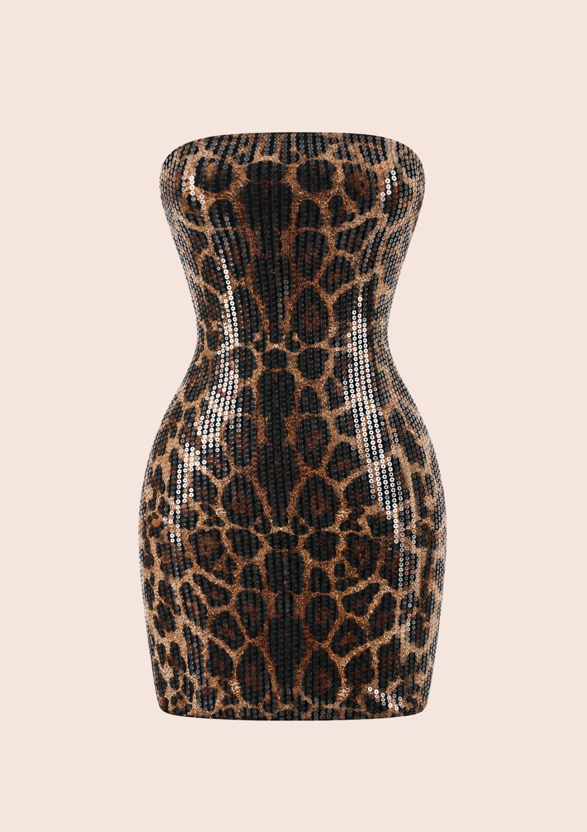 A strapless bodycon mini dress covered in leopard-print sequins, shown against a solid pale pink background.