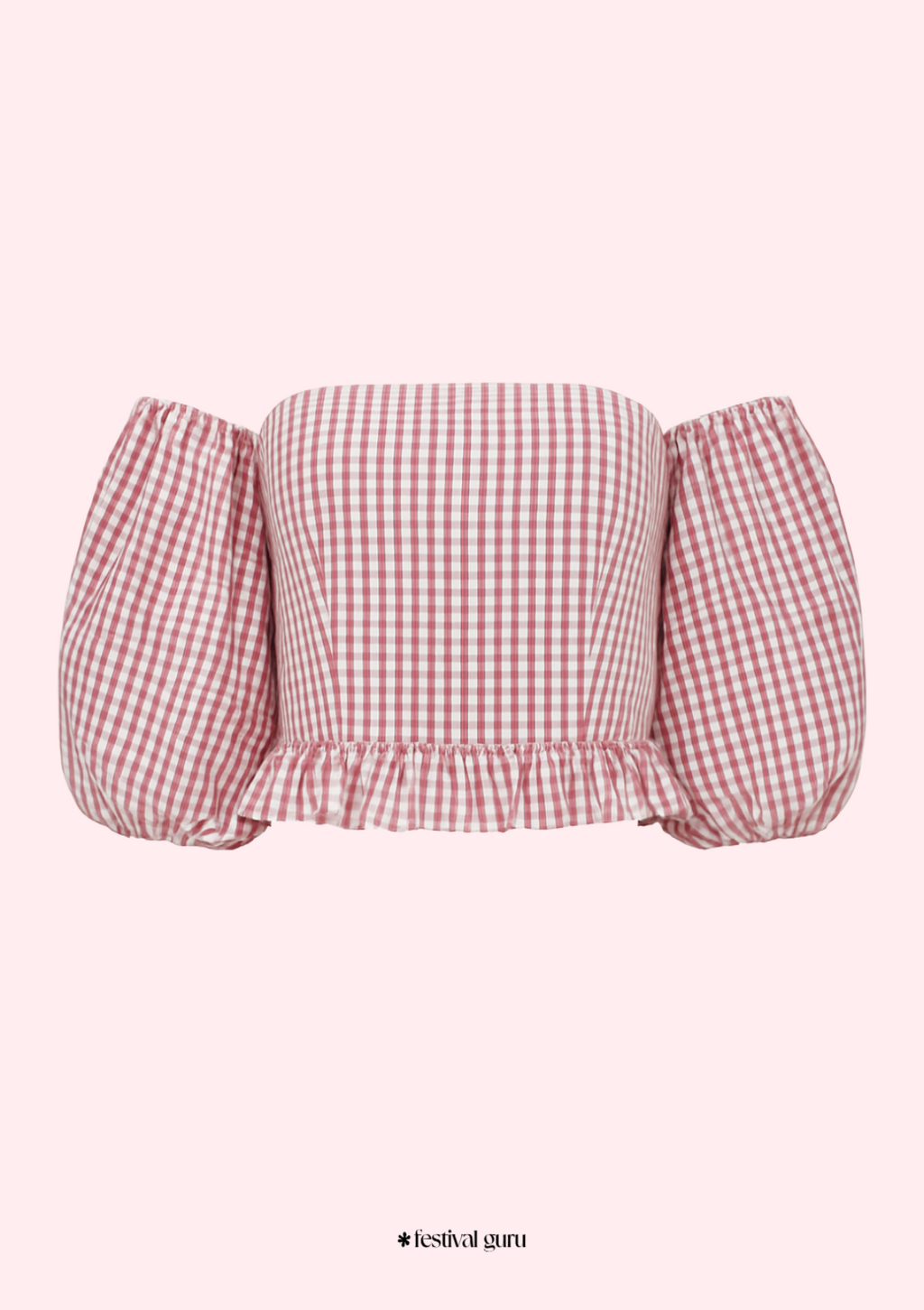 Red and white checkered off-shoulder top on a pink background