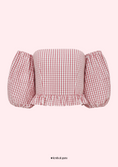 Load image into Gallery viewer, Red and white checkered off-shoulder top on a pink background
