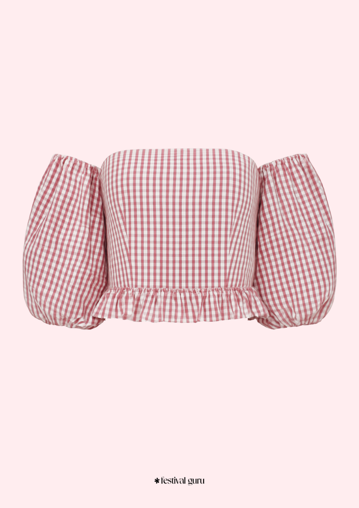 Red and white checkered off-shoulder top on a pink background