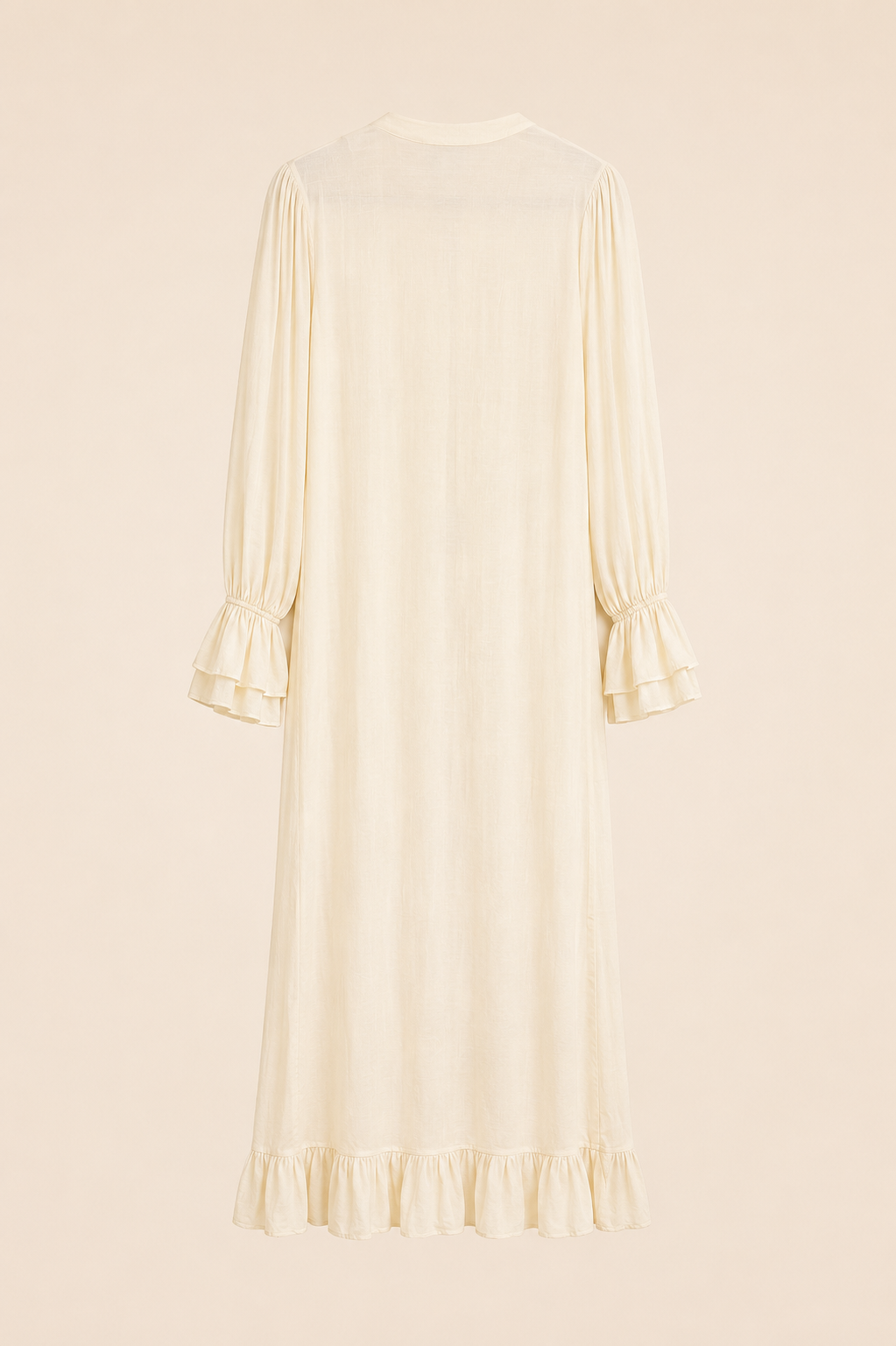 A cream-colored long-sleeve midi dress with ruffled cuffs and a ruffled hem, shown from the back against a solid beige background.