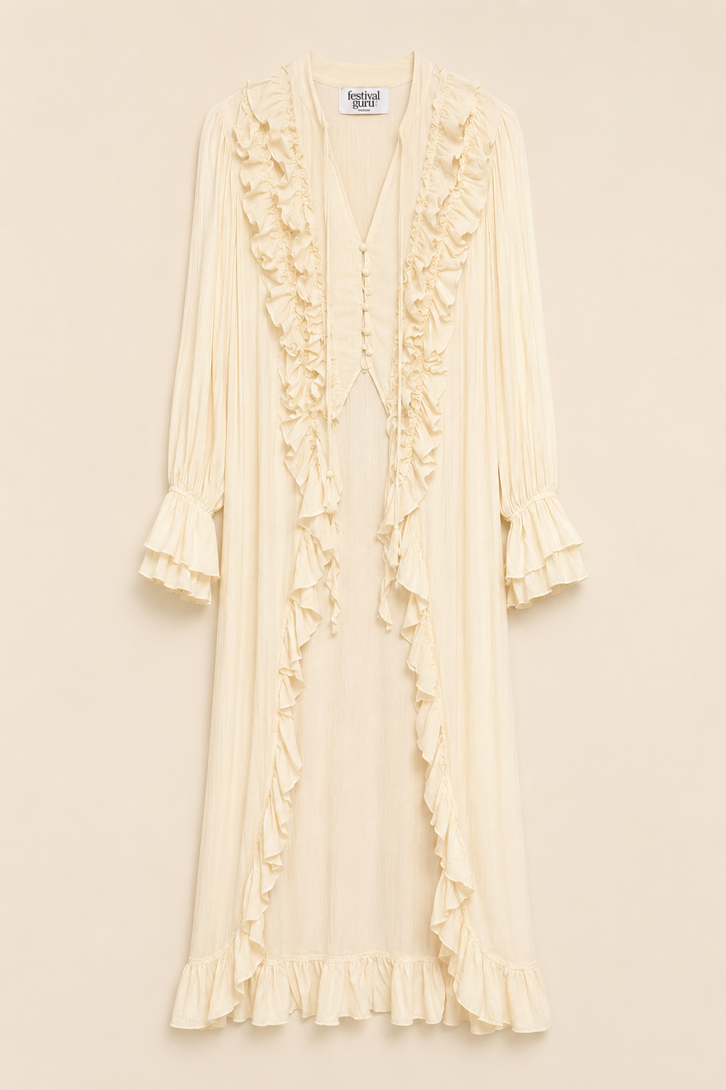 An off-white cream long-sleeve maxi dress with elaborate ruffle trim down the front, a V-neckline, and ruffled cuffs, shown against a solid cream background.