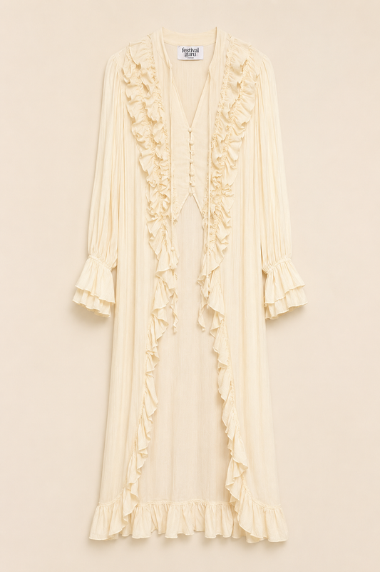 An off-white cream long-sleeve maxi dress with elaborate ruffle trim down the front, a V-neckline, and ruffled cuffs, shown against a solid cream background.
