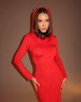 Заредете изображението в програмата за преглед на галерия, Person wearing a red dress with a hood and red horns against a brown background
