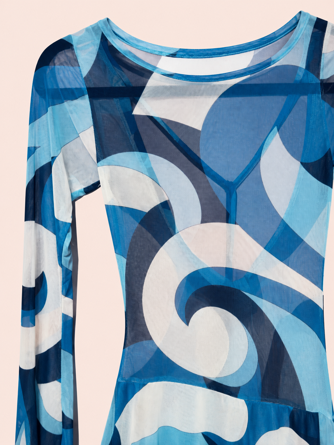 A long-sleeve sheer mesh dress featuring an abstract geometric pattern in shades of blue, navy, and white, shown against a solid pale pink background.