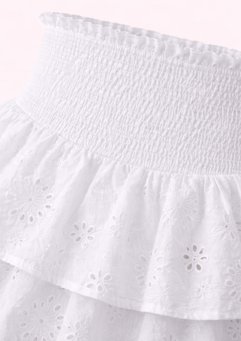 Close-up of a white ruffled skirt with eyelet details